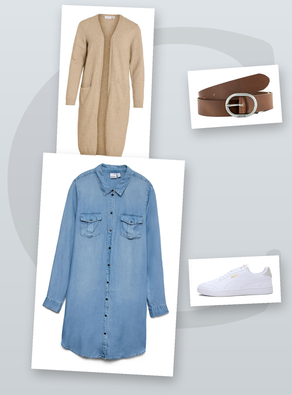 Herbst-Look Damen 2026 – Jeanskleid, Longstrickjacke & Sneaker kombinieren