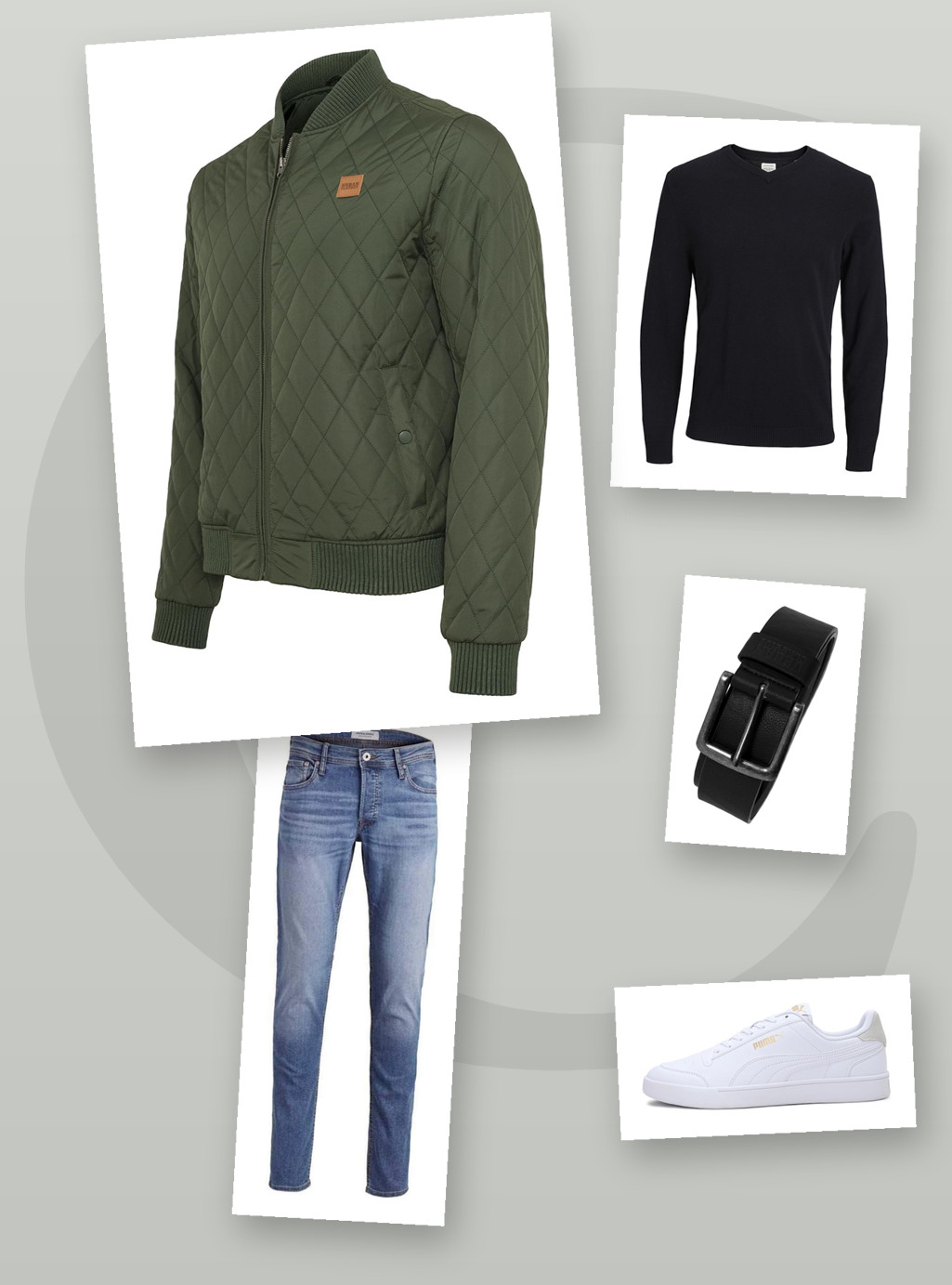 Herbst-Look Herren 2026 – Steppbomberjacke, V-Ausschnitt-Strickpullover & Slim-Fit-Jeans kombinieren