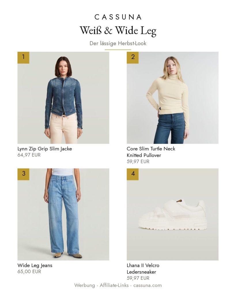 Herbst-Look Damen 2026 – Rollkragen, Jeansjacke & Wide Leg Jeans kombinieren