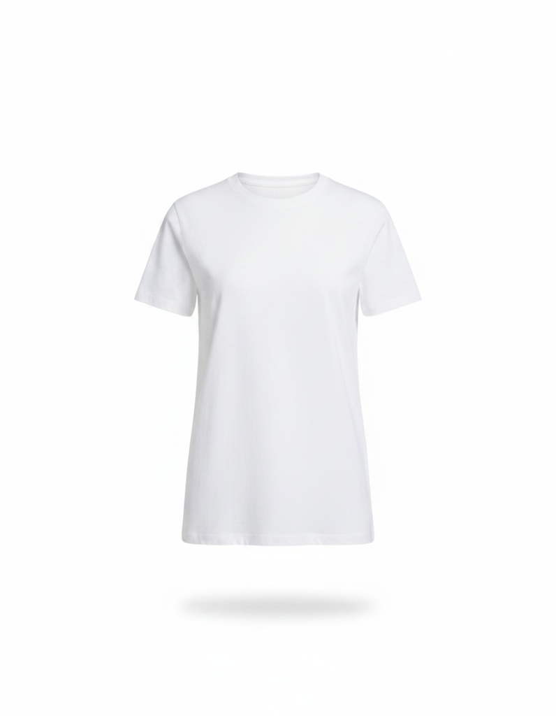 T-Shirt: Schlichtes weißes Baumwollshirt — der helle Trenner zwischen Jacke und Hose.