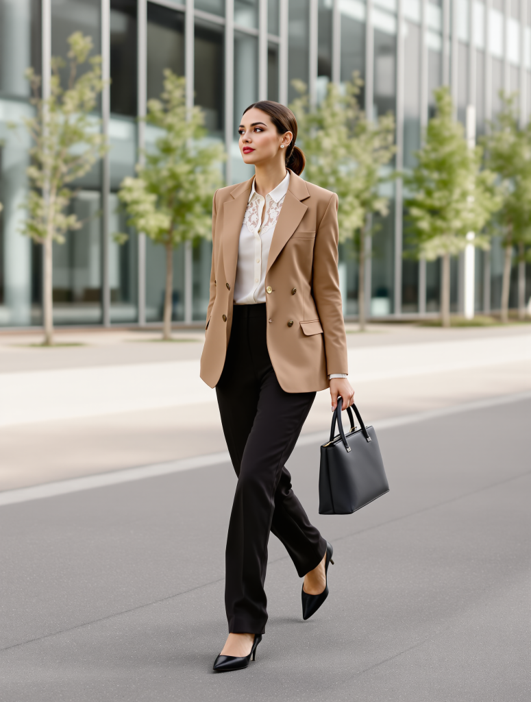 Business-Look Damen: Business-Look Damen 2026 – Camel-Blazer & Seidenbluse kombinieren – Ganzkörperaufnahme