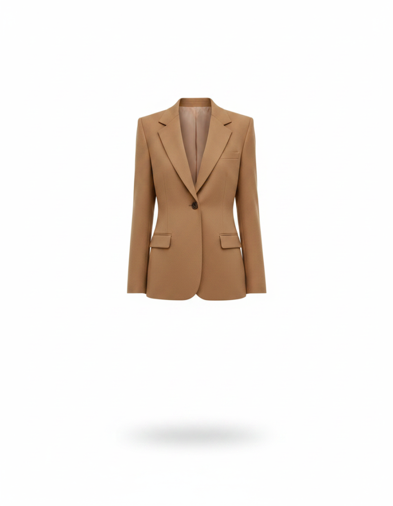 Blazer: Tailliert, einreihig, Camel aus Wollmischung. Schulter sitzt auf dem Knochen.