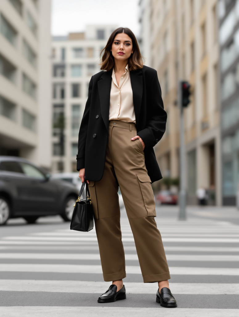 Stilbruch-Look Damen: Cargo-Look Damen Herbst 2026 – Cargohose & Seidenbluse kombinieren – Ganzkörperaufnahme