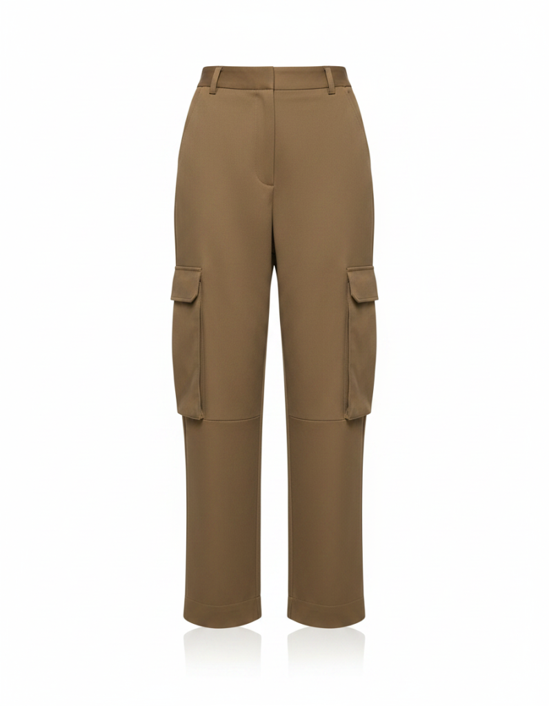Cargohose: Khaki, fester Baumwollstoff, große aufgesetzte Taschen am Bein.