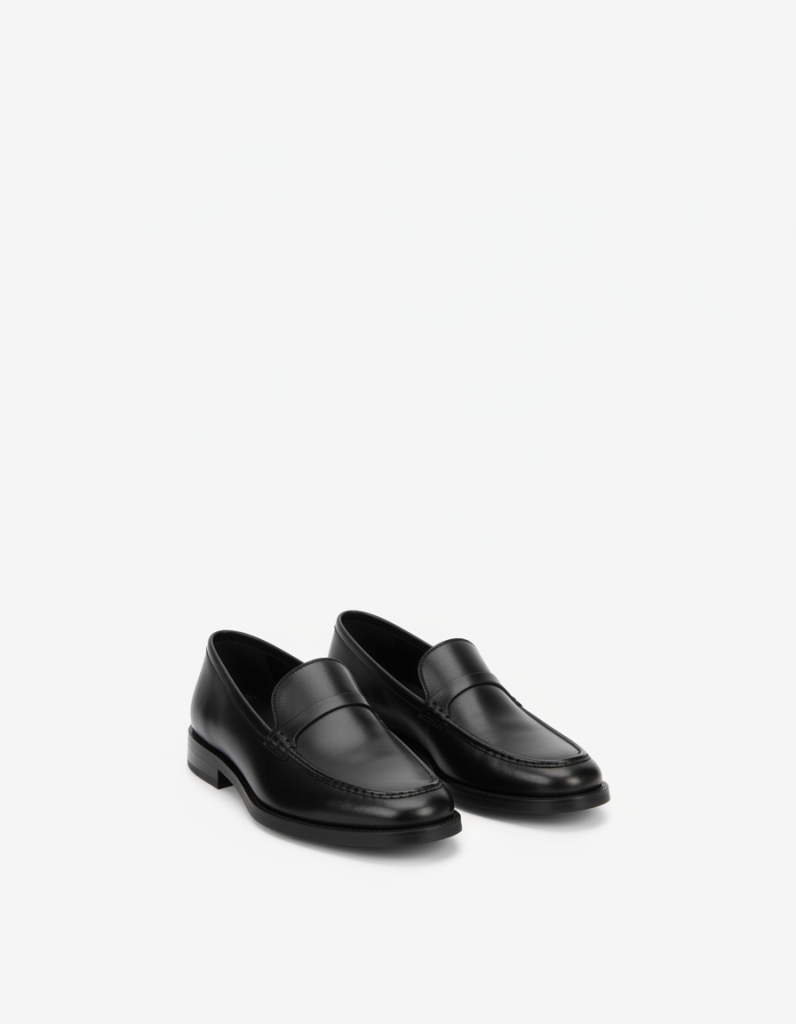 Loafer: Schwarzes Leder, flach, schlichte Kappe.