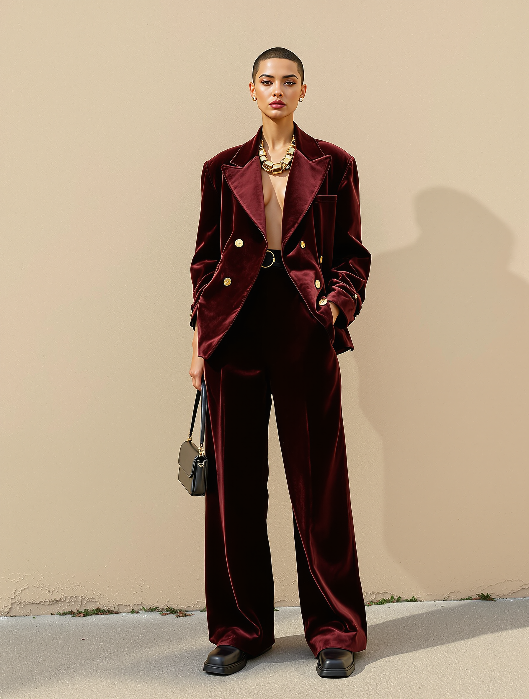 Avantgarde-Look Damen: Samt-Look Damen Herbst 2026 – Bordeaux Blazer & Samthose kombinieren – Ganzkörperaufnahme