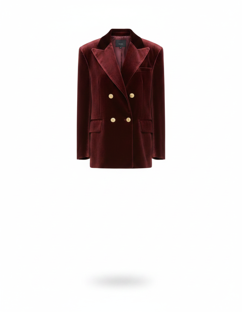 Samtblazer: Bordeaux, oversized, betonte Schulter, weicher Samtfall.
