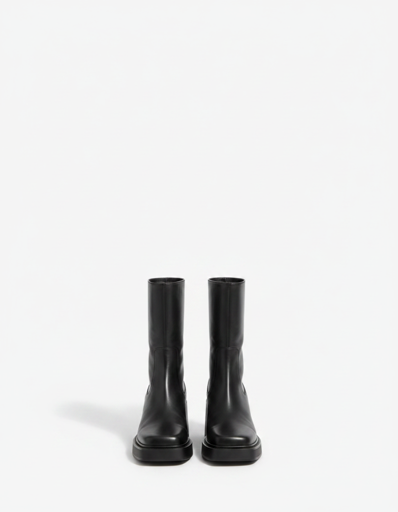 Boots: Schwarzes Leder, eckige Kappe, kräftige Sohle.