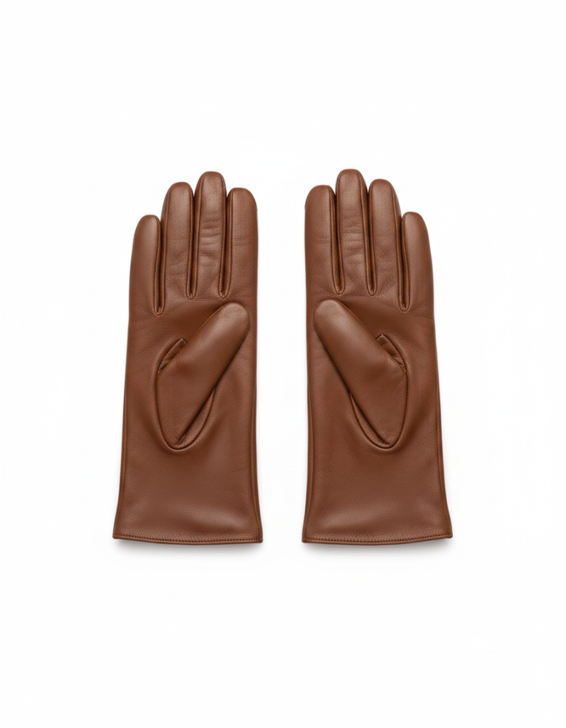 Handschuhe: Braunes Leder, ungefüttert, klare Naht.