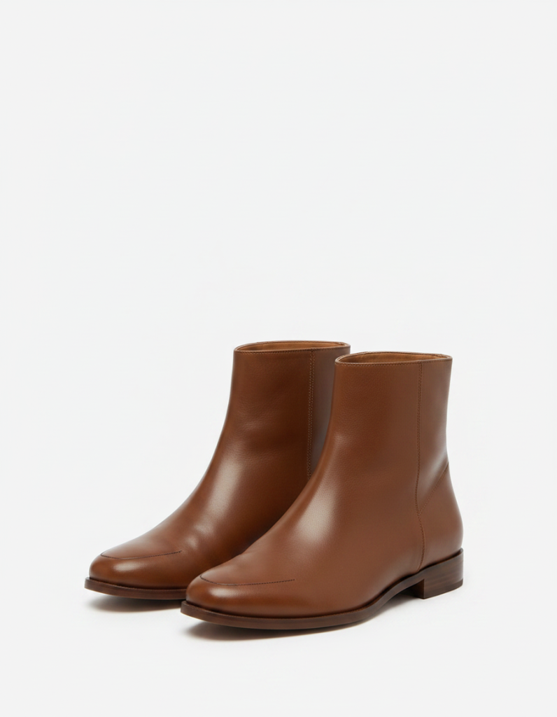 Stiefeletten: Braunes Leder, flach, schlichter Schaft.