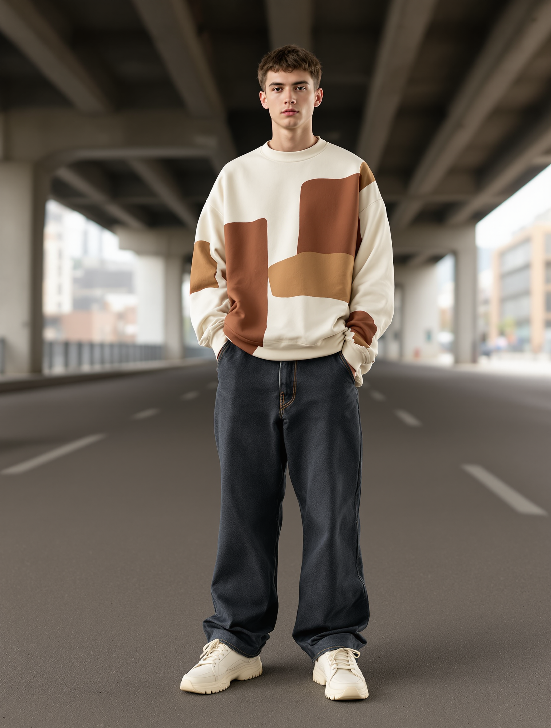 Streetwear-Look Herren: Streetwear-Look Herren Herbst 2026 – Print-Sweatshirt & weite Jeans – Ganzkörperaufnahme
