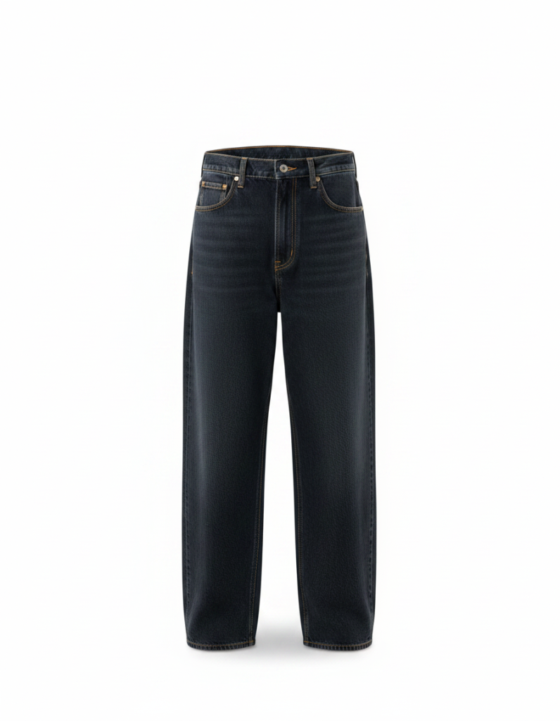 Jeans: Weit, dunkles Denim, staucht auf dem Schuh.