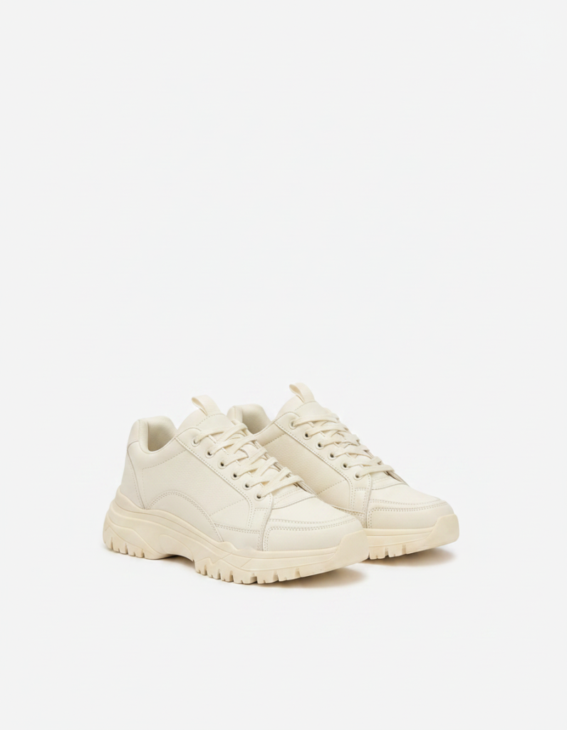 Sneaker: Off-White, kräftige Sohle — geben dem Look unten Stand.