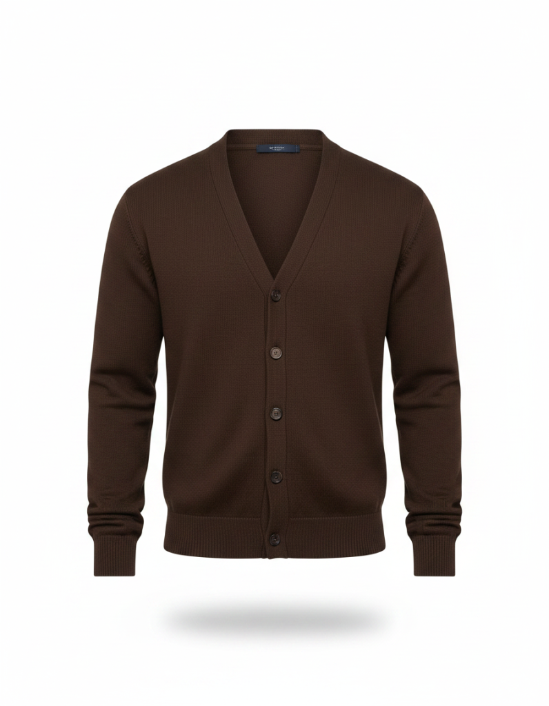 Cardigan: Schokobraun, feine Wolle, geknöpft über dem Hemd.
