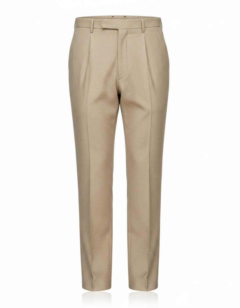 Bundfaltenhose: Beige Wolle, saubere Bügelfalte, gerader Fall.