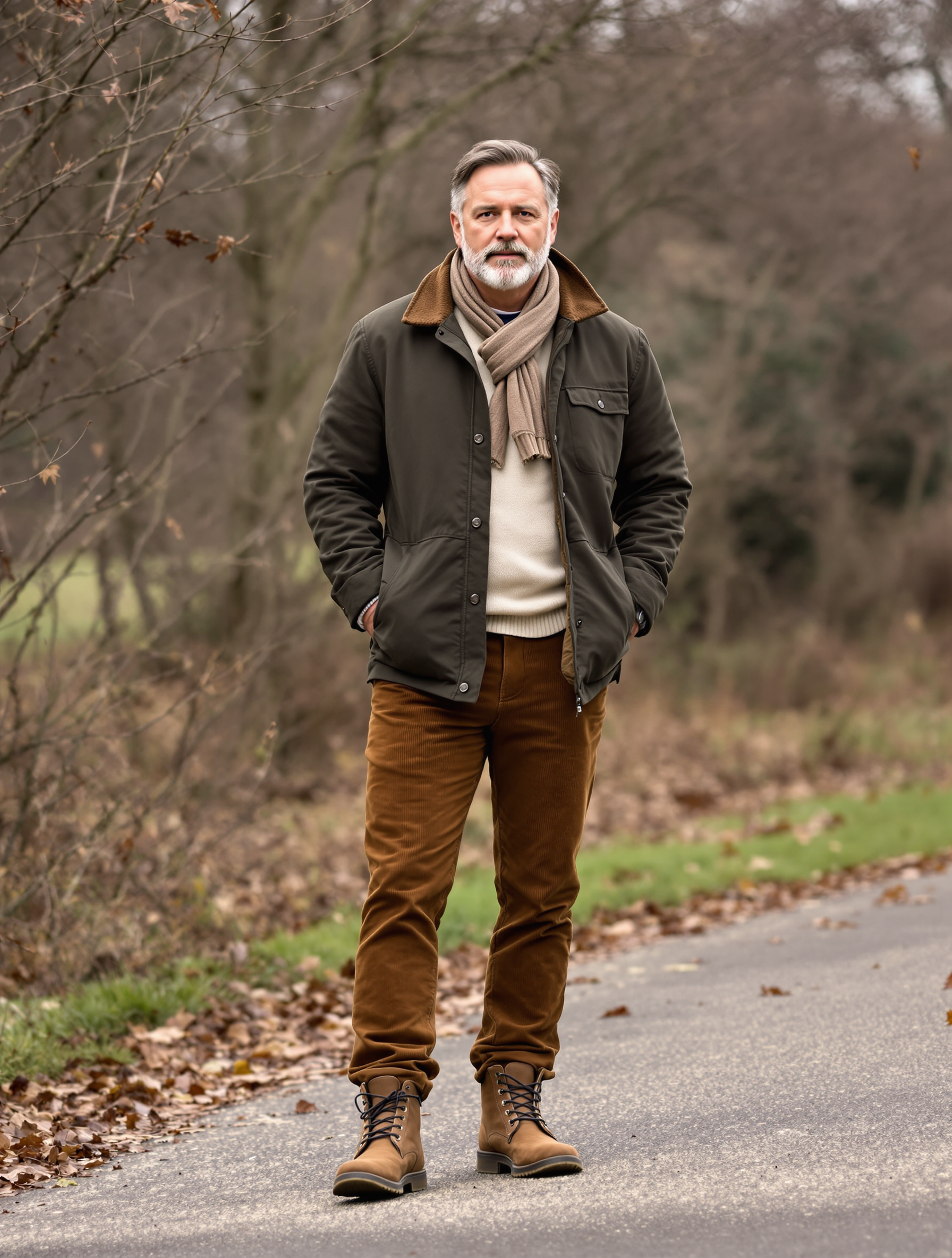 Heritage-Look Herren: Heritage-Look Herren Herbst 2026 – Wachsjacke & Cordhose kombinieren – Ganzkörperaufnahme