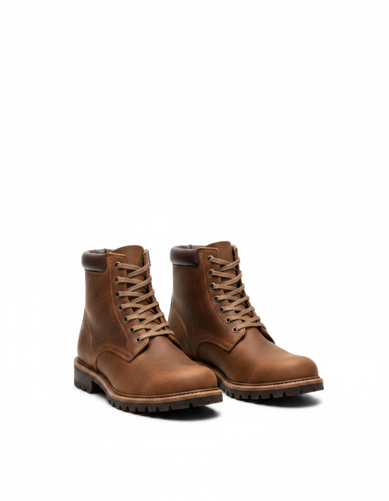 Boots: Kräftiges braunes Leder, profilierte Sohle.