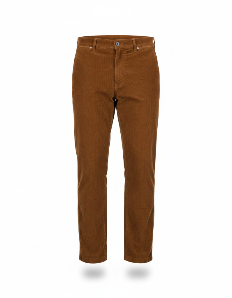 Cordhose: Rostbraun, mittelbreite Rippe, gerader Schnitt.