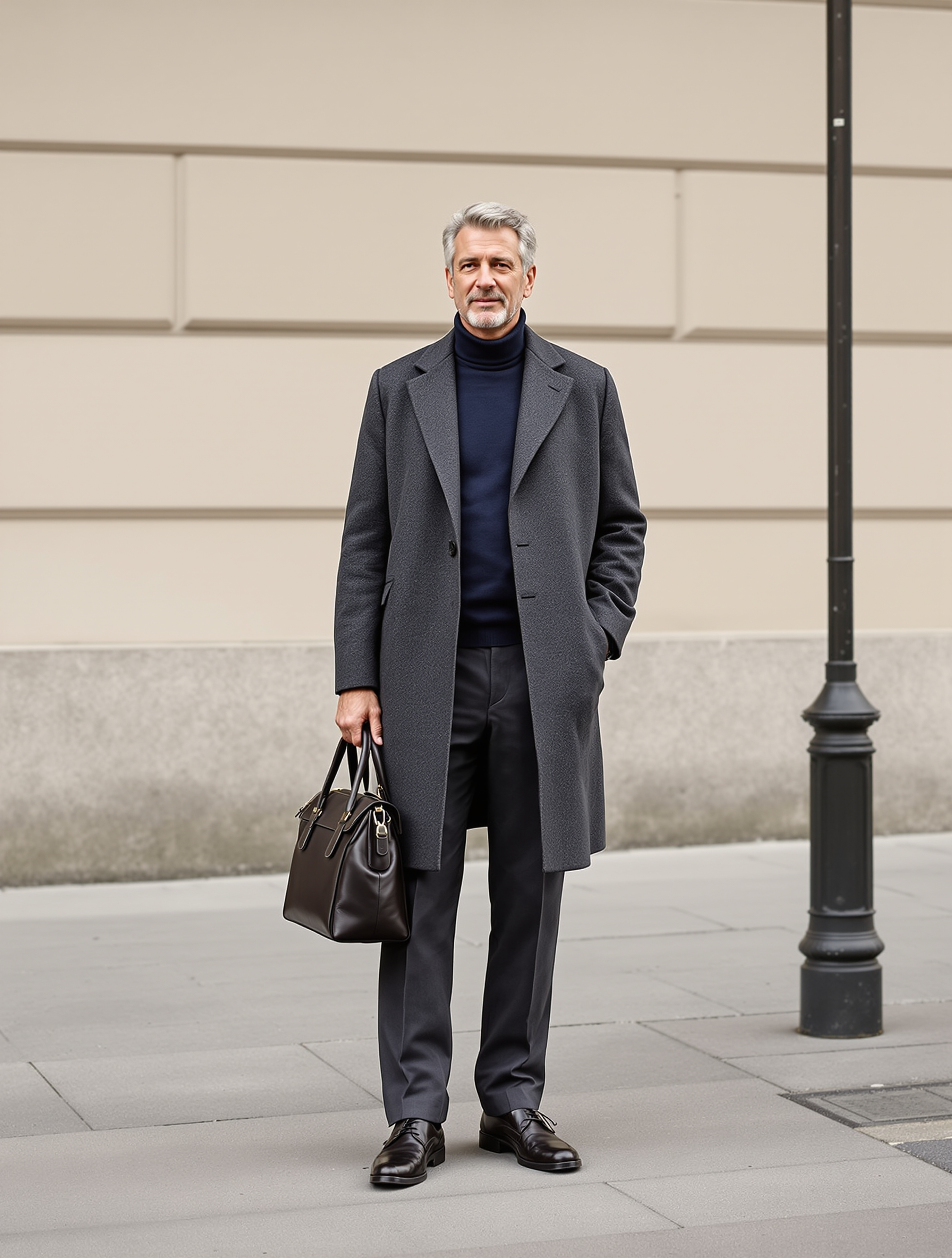 Quiet Luxury-Look Herren: Quiet-Luxury-Look Herren Winter 2026 – Wollmantel & Rollkragen – Ganzkörperaufnahme