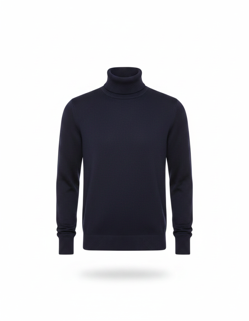 Rollkragen: Navy, feiner Strick, eng anliegend.