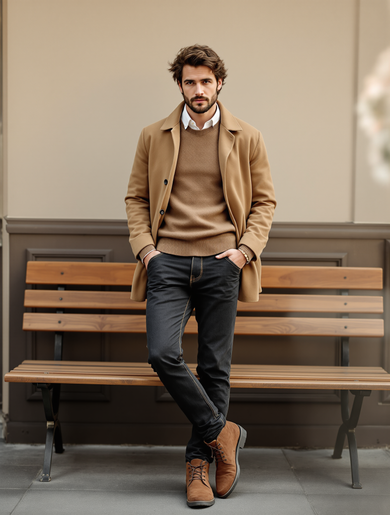Layering-Look Herren: Layering-Look Herren Herbst 2026 – Hemd, Feinstrick & Overshirt – Ganzkörperaufnahme