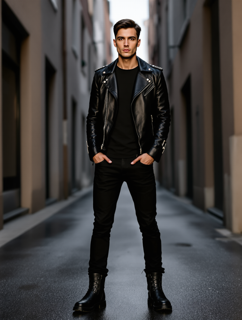 Bold-Look Herren: Biker-Look Herren Herbst 2026 – Lederjacke & schwarze Jeans kombinieren – Ganzkörperaufnahme