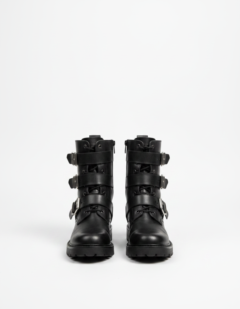 Boots: Schweres schwarzes Leder mit einer Metallschnalle.