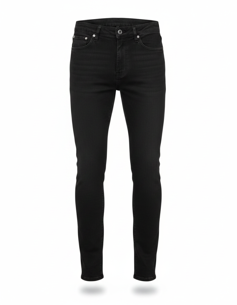 Jeans: Schwarz, schmal geschnitten.