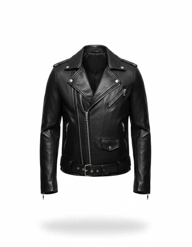 Lederjacke: Biker-Schnitt, schräger Reißverschluss, kleine Nieten am Kragen.