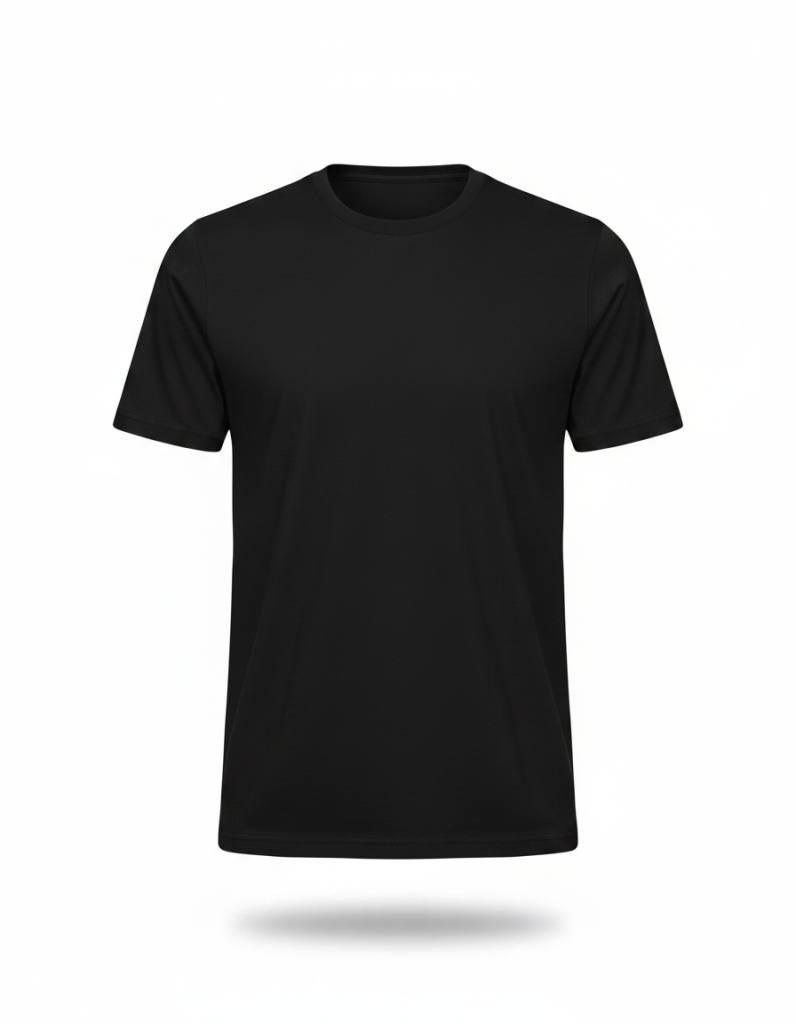 T-Shirt: Schlicht schwarz, matte Baumwolle.