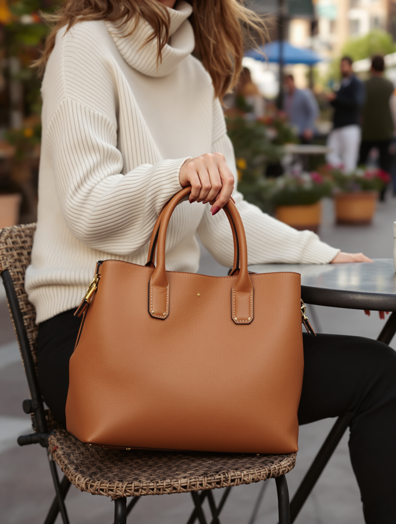Accessoires-Look Damen: Taschen-Look Damen 2026 – Ledertasche in Karamell kombinieren – Ganzkörperaufnahme