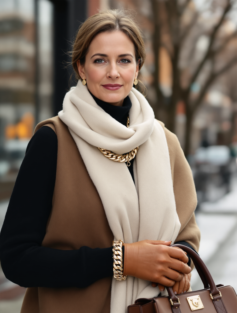 Accessoires-Look Damen: Winter-Accessoires Damen 2026 – Goldkette, Wollschal & Lederhandschuhe – Ganzkörperaufnahme