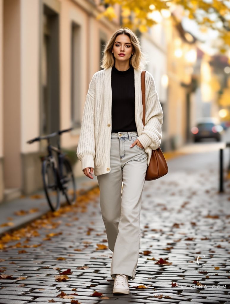 Herbst-Look-Look Damen: Herbst-Look Damen 2026 – Strickjacke & weite Jeans kombinieren – Ganzkörperaufnahme