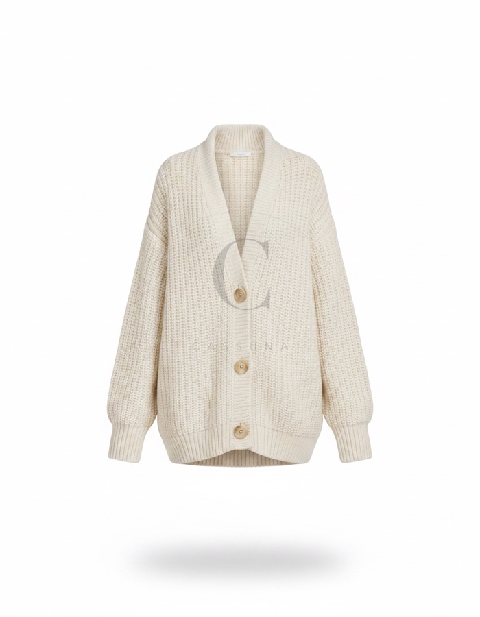Strickjacke: Grob gestrickt in Creme, mit Schalkragen und tief sitzender Schulter. Die warme Schicht des Looks.