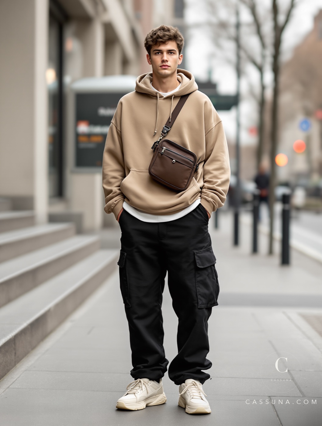 Streetwear-Look Herren: Streetwear-Look Herren 2026 – Oversize-Hoodie & Cargohose kombinieren – Ganzkörperaufnahme