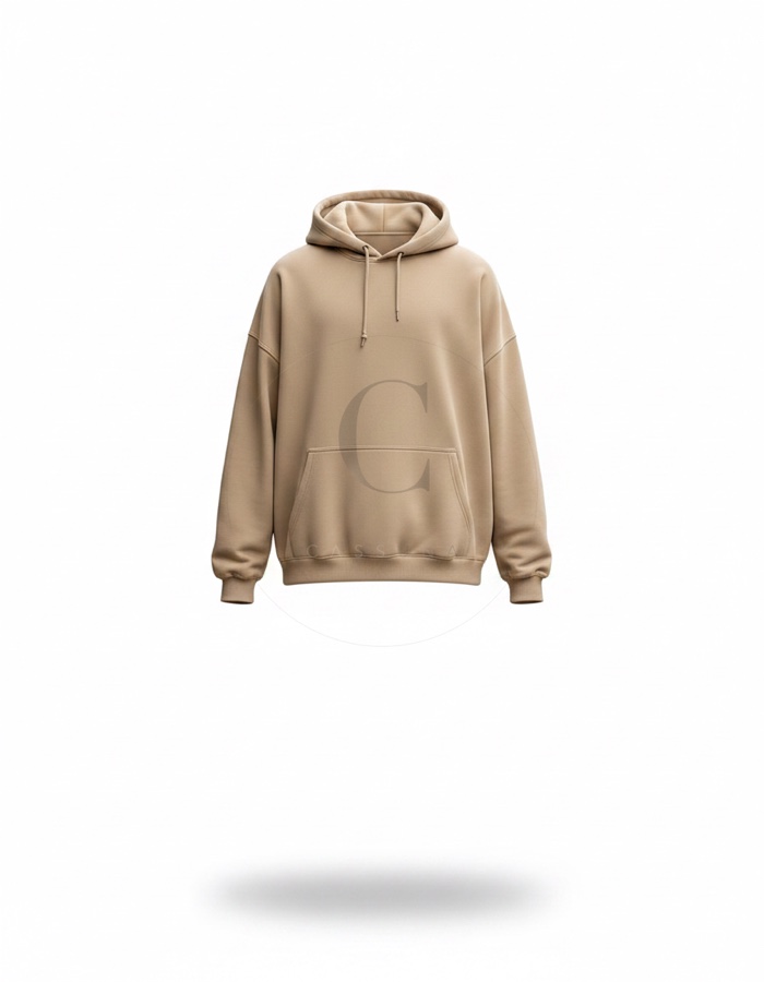 Hoodie: Schwerer Oversize-Hoodie in Sand, Kängurutasche, tief sitzende Schulter.